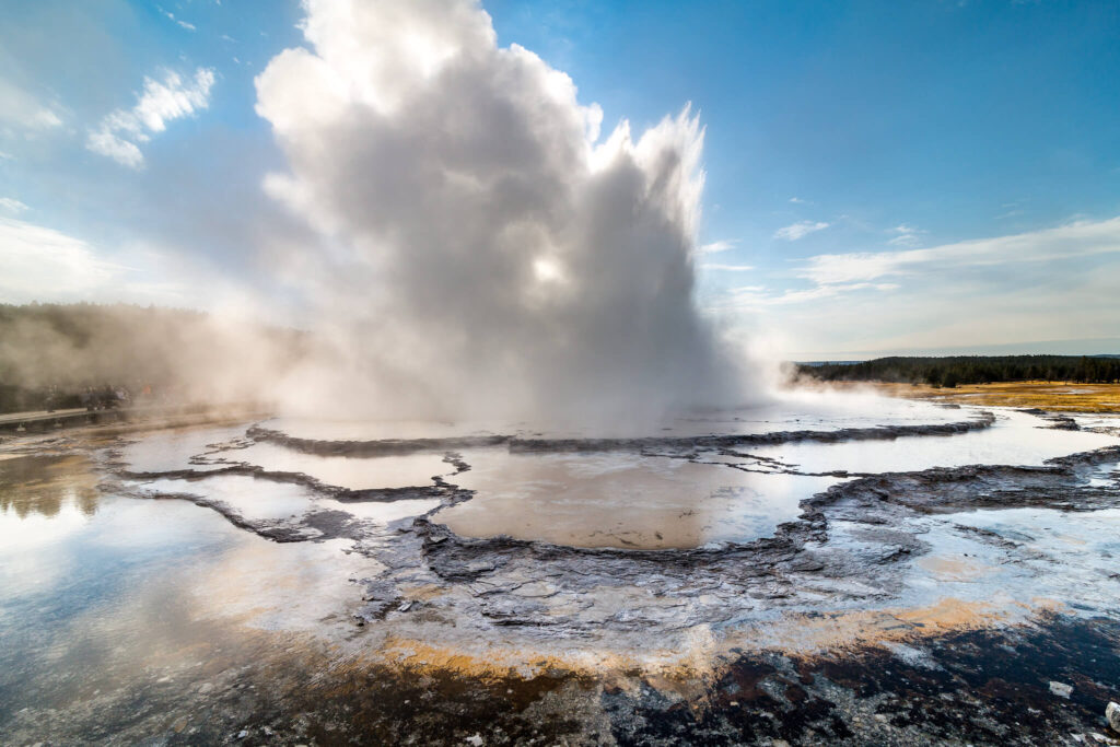 Eruption of Great Fountain Geyser in the Lower Geyser Basin of Yellowstone National Park