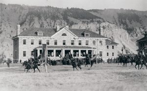 Soldiers drilling in front of Fort Yellowstone, around 1910.